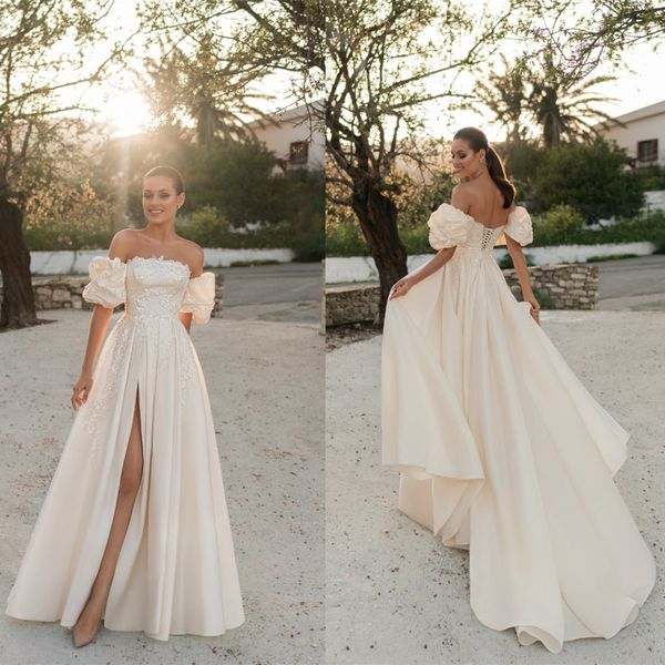 2021 lace wedding dresses strapless side split appliques bridal gowns lace-up back sweep train a line wedding dress robe de mariee, White
2021 lace wedding dresses strapless side split appliques bridal gowns lace-up back sweep train a line wedding dress robe de mariee, White