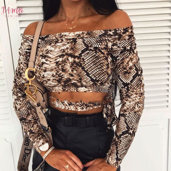 fashion women ladies off shoulder t shirt serpentine printed long sleeve bodycon slim crop top, White 
fashion women ladies off shoulder t shirt serpentine printed long sleeve bodycon slim crop top, White