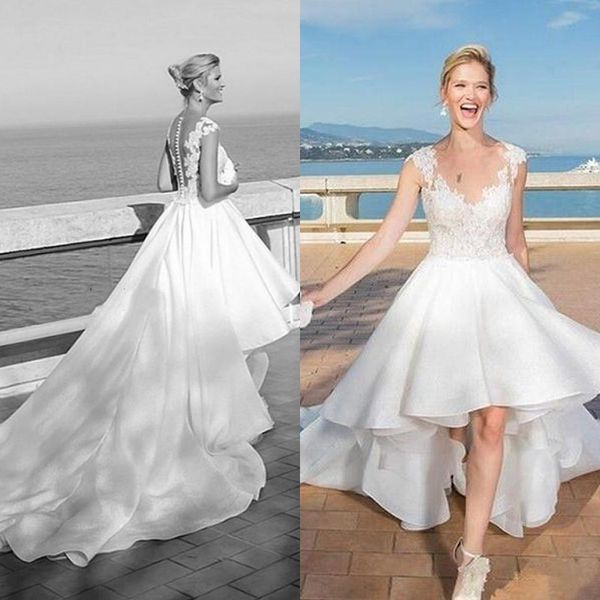 summer beach high low wedding dress sleeveless covered button lace v neck vestido de novia plus size bridal gown, White
summer beach high low wedding dress sleeveless covered button lace v neck vestido de novia plus size bridal gown, White