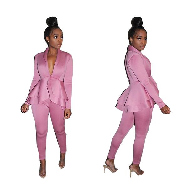 women v neck suits fashion solid color two piece pants explosion ruffle tiered clothing luxury suits for women, White 
women v neck suits fashion solid color two piece pants explosion ruffle tiered clothing luxury suits for women, White