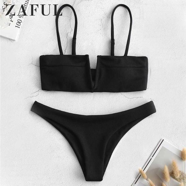 

bikinis set zaful ribbed knot v-wired padded bikini women spaghetti straps wire beachwear low waisted solid two pieces