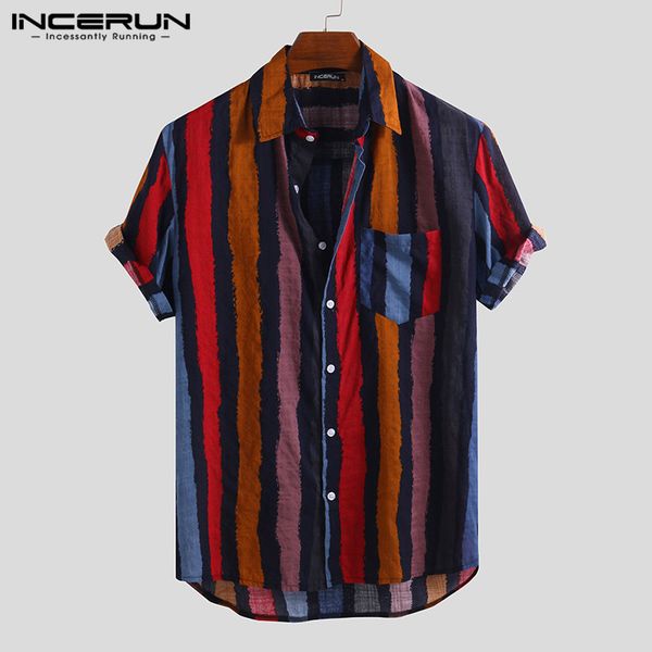 summer incerun mens shirt striped short sleeve streetwear vintage breathable casual hawaiian shirts camisa masculina s-5xl, White;black 
summer incerun mens shirt striped short sleeve streetwear vintage breathable casual hawaiian shirts camisa masculina s-5xl, White;black