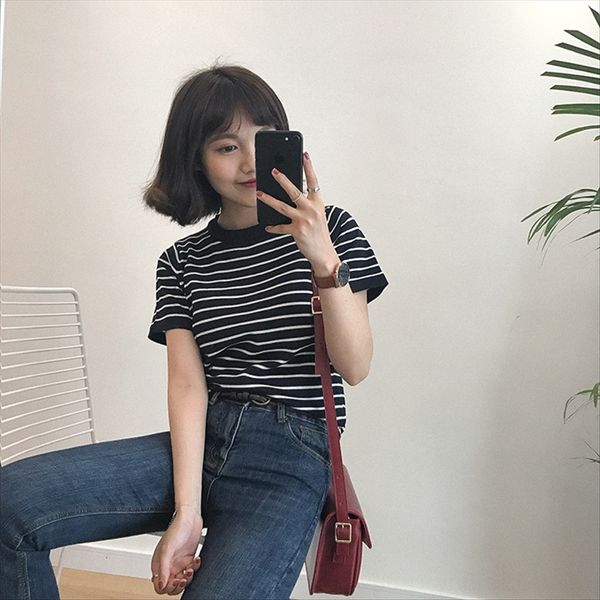 women's short-sleeved t-shirt clothes striped knitted slim shirt round collar 2020 summer female, White
women's short-sleeved t-shirt clothes striped knitted slim shirt round collar 2020 summer female, White
