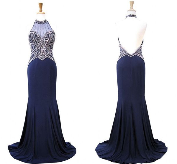 sparkly navy blue trumpet evening long formal dresses halter pearls beading crystal mermaid prom dress open back vestidos de festia, Black
sparkly navy blue trumpet evening long formal dresses halter pearls beading crystal mermaid prom dress open back vestidos de festia, Black
