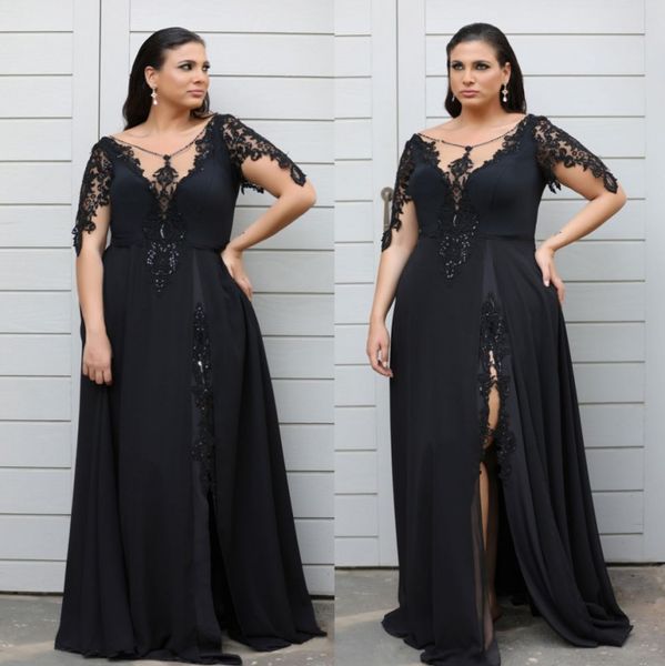 stylish lace appliqued plus size prom dresses with long sleeves v neck beaded side split evening gowns floor length chiffon formal dress, Black
stylish lace appliqued plus size prom dresses with long sleeves v neck beaded side split evening gowns floor length chiffon formal dress, Black