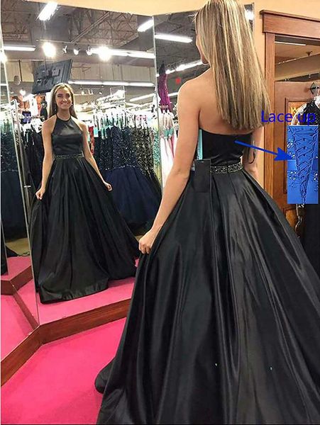 charming halter long prom dresses backless sleeveless satin prom gowns with pockets lace up back evening party dresses, Black
charming halter long prom dresses backless sleeveless satin prom gowns with pockets lace up back evening party dresses, Black