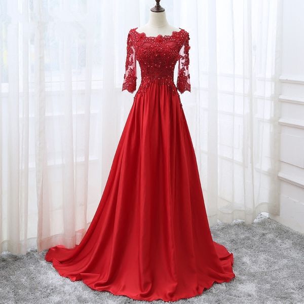 elegant red lace prom dresses custom 1/2 sleeves evening sweep train pearls party gowns, Black
elegant red lace prom dresses custom 1/2 sleeves evening sweep train pearls party gowns, Black