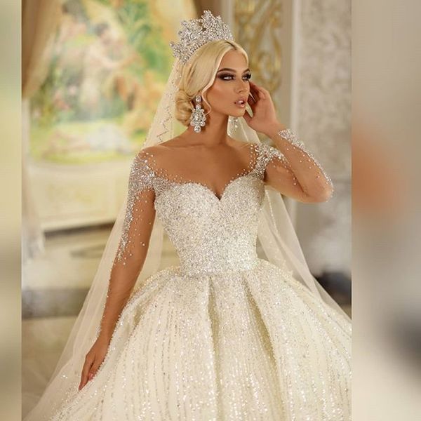 2020 shinny ball gown wedding dresse luxury off shoulder long sleeves crystal beaded saudi arabian dubai bridal gown plus size, White
2020 shinny ball gown wedding dresse luxury off shoulder long sleeves crystal beaded saudi arabian dubai bridal gown plus size, White