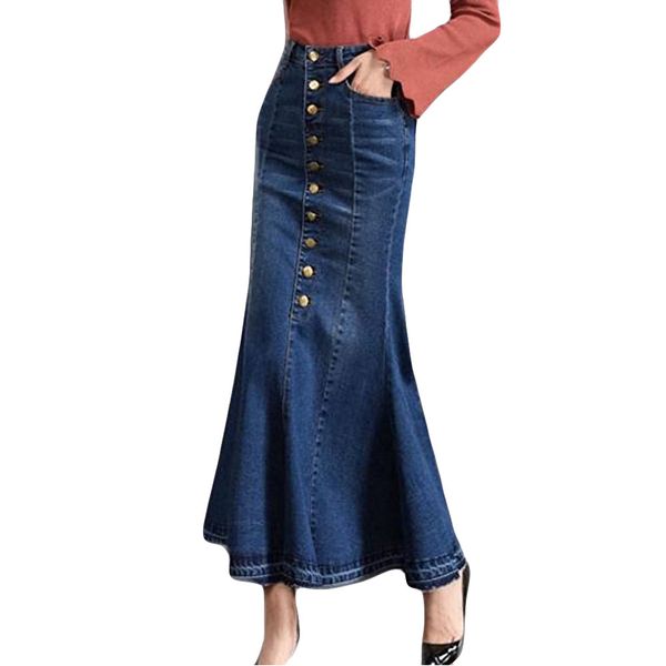 35# office skirts womens blue 2019 skirt fashion long high waist button pocket front fishtail denim maxi skirts faldas largas, Black
35# office skirts womens blue 2019 skirt fashion long high waist button pocket front fishtail denim maxi skirts faldas largas, Black