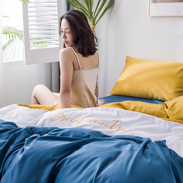net red bed four-piece simple embroidered silky washed silk bed sheet spring and summer girls heart quilt cover duvet cover