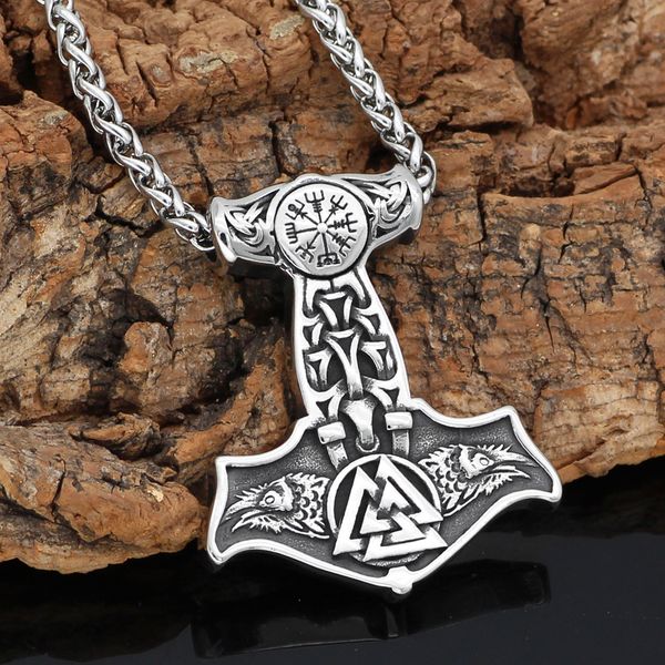 nordic viking stainless steel thor hammer mjolnir odin raven valknut vegvisir pendant necklace with valknut gift bag, Silver
nordic viking stainless steel thor hammer mjolnir odin raven valknut vegvisir pendant necklace with valknut gift bag, Silver