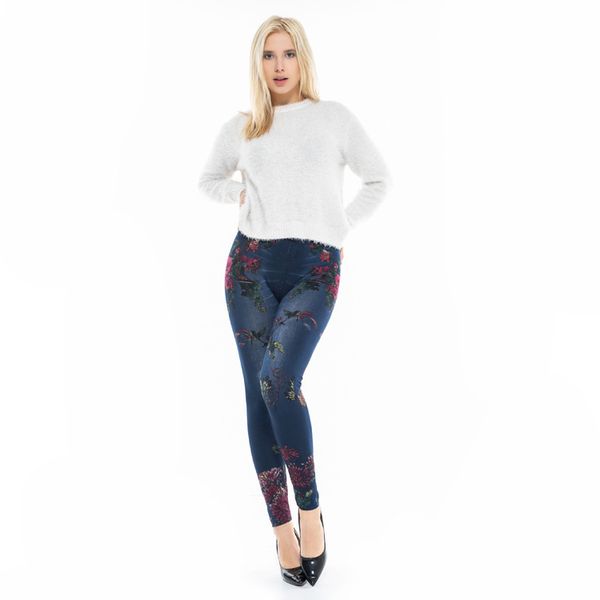 women's leggings flower big stretch imitation denim leopard legging latex, Black