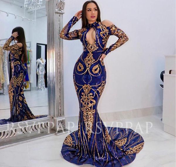 african girl long sleeve prom dresses 2020 cut out-front gold appliques glitter sequin royal blue mermaid prom gowns, White;black
african girl long sleeve prom dresses 2020 cut out-front gold appliques glitter sequin royal blue mermaid prom gowns, White;black