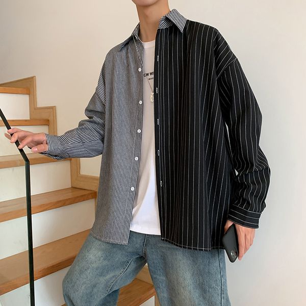 men spring autumn fashion korea style long sleeve turn down collar striped patchwork shirt male casual loose couple chic shirts, White;black
men spring autumn fashion korea style long sleeve turn down collar striped patchwork shirt male casual loose couple chic shirts, White;black