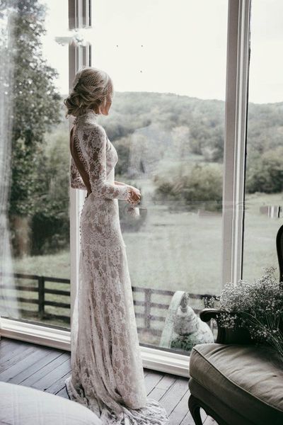 light and simple fairy boho wedding dresses long sleeves lace high neck open back chic beach wedding gowns vestido de novia sire, White
light and simple fairy boho wedding dresses long sleeves lace high neck open back chic beach wedding gowns vestido de novia sire, White