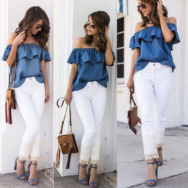 2017 summer new women vintage off shoulder casual party jeans shirt cotton denim blouse size s-xl, White
2017 summer new women vintage off shoulder casual party jeans shirt cotton denim blouse size s-xl, White