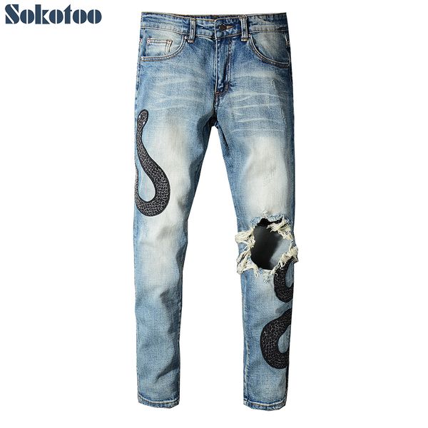 sokotoo men's snake embroidery patch design blue ripped jeans slim skinny light blue stretch distressed denim pants
sokotoo men's snake embroidery patch design blue ripped jeans slim skinny light blue stretch distressed denim pants