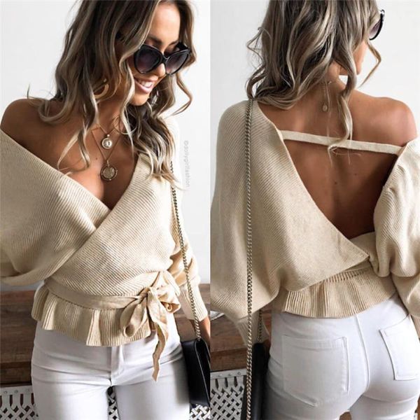 women's long sleeve wrap shirt women deep v neck shirt plain backless long blouse, White 
women's long sleeve wrap shirt women deep v neck shirt plain backless long blouse, White