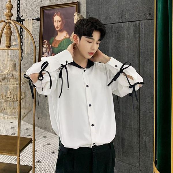 men long sleeve ribbons spliced loose casual shirts male hip hop vintage fashion party dress shirts stage costumes, White;black
men long sleeve ribbons spliced loose casual shirts male hip hop vintage fashion party dress shirts stage costumes, White;black