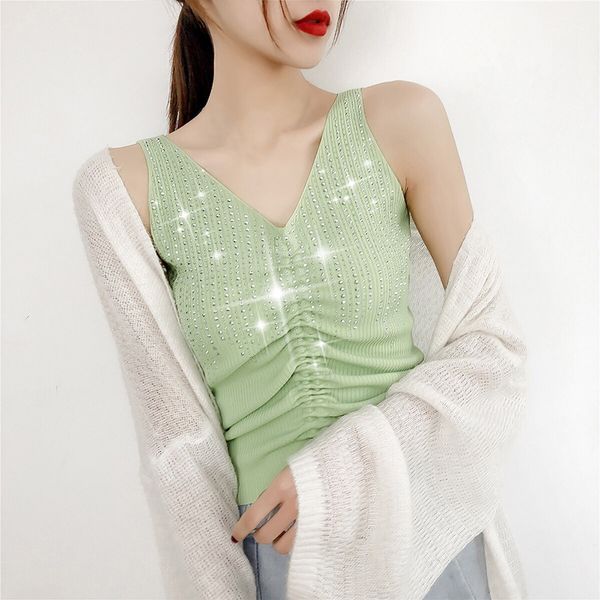 sequined sparkling camis women ice silk knit summer v-neck versatile slim camisoles casual bottoming camisole, White