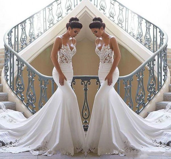 2020 beach mermaid wedding dresses spaghetti strap lace applique sweep train satin boho wedding bridal gowns robes de mariée sell, White
2020 beach mermaid wedding dresses spaghetti strap lace applique sweep train satin boho wedding bridal gowns robes de mariée sell, White