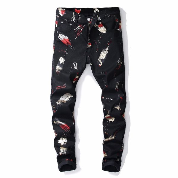 2018 youth jeans micro-elastic black printing tide men's trousers casual fashion slim painted feet pants male destoryed denim, Blue
2018 youth jeans micro-elastic black printing tide men's trousers casual fashion slim painted feet pants male destoryed denim, Blue