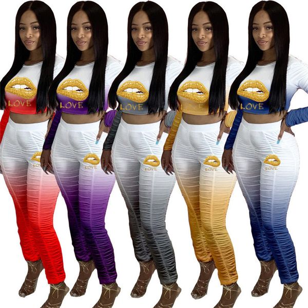 women clothes lips designer print long sleeve t shirt crop pants gradient color pleated leggings tracksuit two pieces suit d8405, White
women clothes lips designer print long sleeve t shirt crop pants gradient color pleated leggings tracksuit two pieces suit d8405, White