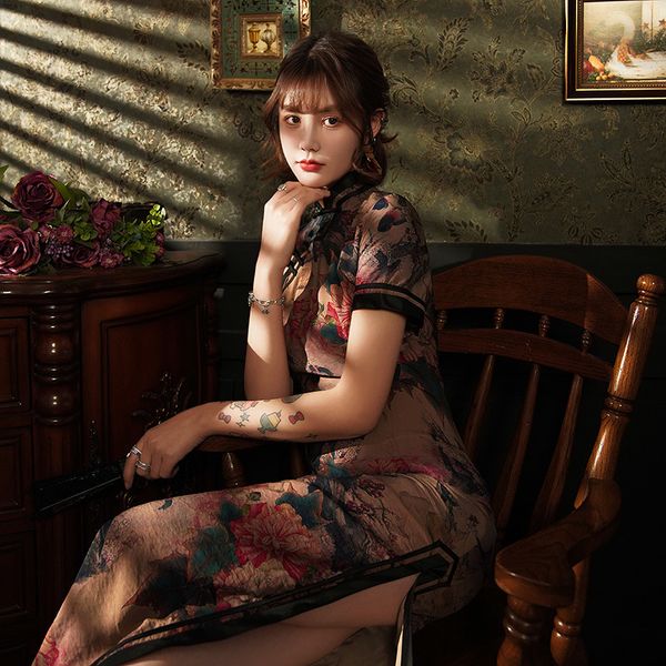elegant satin qipao print flower women cheongsam brown mandarin collar chinese style formal party dress long vestidos, Red
elegant satin qipao print flower women cheongsam brown mandarin collar chinese style formal party dress long vestidos, Red