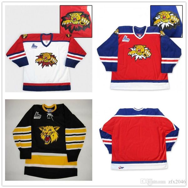 custom men's qmjhl moncton wildcats hockey jerseys red white blue black embroidery stitched logos customized any number your name size