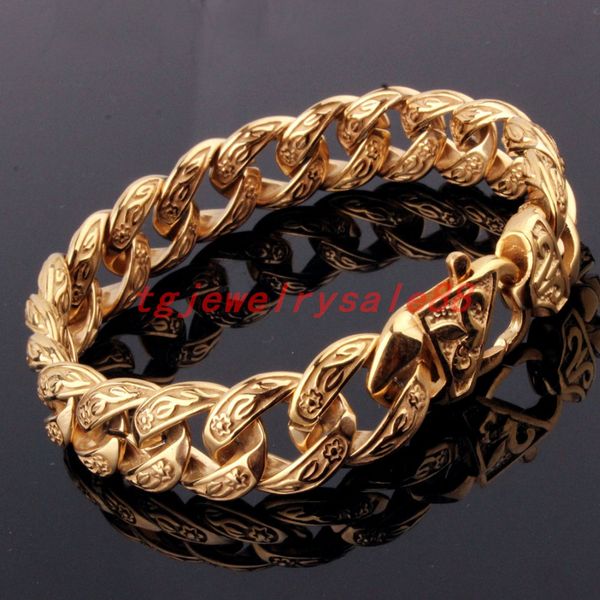 popular biker men's 15mm wide gold stainless steel curb cuban link chain casting bracelet jewelry flower clasp 9, Golden;silver
popular biker men's 15mm wide gold stainless steel curb cuban link chain casting bracelet jewelry flower clasp 9, Golden;silver