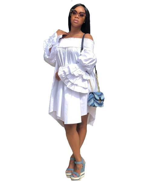 Slash Neck Bell Sleeve Knee Length Dress Pleated Cotton Blend Casual Dress Fresh And Sweet Asymmetrical Dress