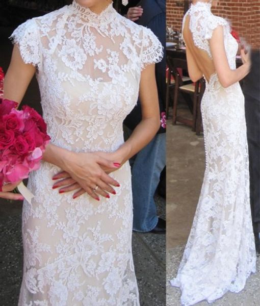 backless lace mermaid wedding dresses ivory lace with nude lining high neck sweep train lace bridal gowns, White
backless lace mermaid wedding dresses ivory lace with nude lining high neck sweep train lace bridal gowns, White