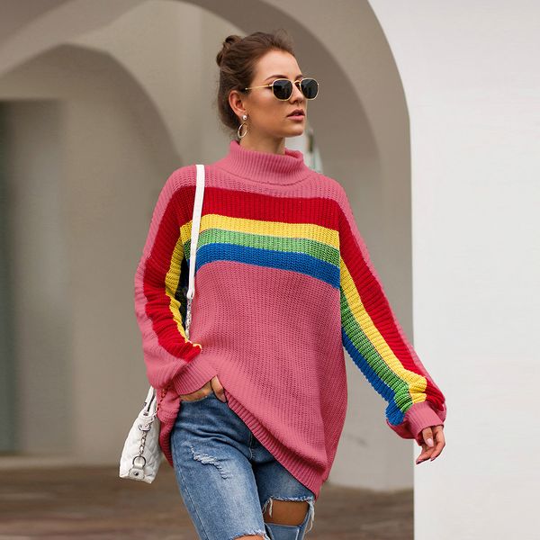 ins source factory wholesale 2019 autumn and winter european and american amazon selling chest rainbow color turtleneck knitted sweater, White
ins source factory wholesale 2019 autumn and winter european and american amazon selling chest rainbow color turtleneck knitted sweater, White