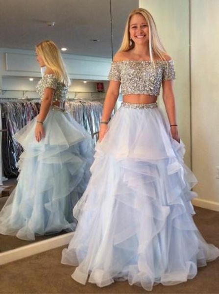 2019 2-piece off-shoulder prom dress with blink sequined bodice ruffled a-line evening dress short sleeves formal party gown, Black
2019 2-piece off-shoulder prom dress with blink sequined bodice ruffled a-line evening dress short sleeves formal party gown, Black