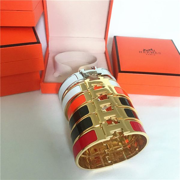 luxurious gold silver enamel jewelry h carved bracelets for women men decorative pattern wristband with box 78999, Black
