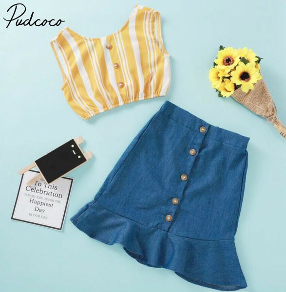 2pcs kids baby girls summer striped sleeveless t-shirt denim skirt outfits, White
2pcs kids baby girls summer striped sleeveless t-shirt denim skirt outfits, White
