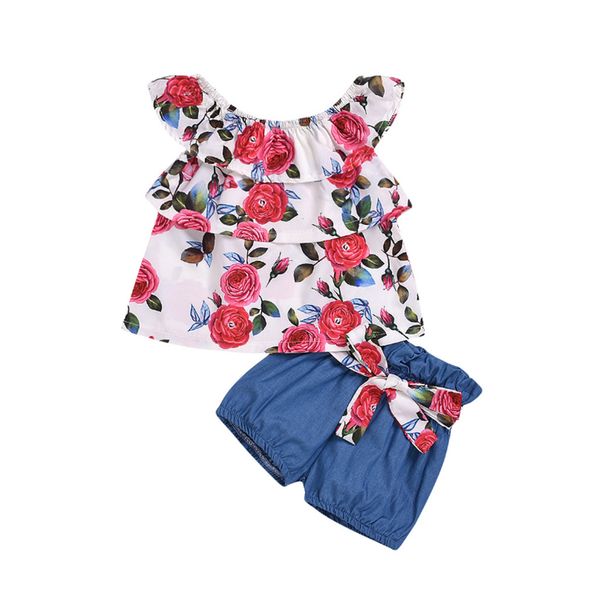 ins selling childrenswear summer new style girls rose printed off-shoulder denim shorts set, White
ins selling childrenswear summer new style girls rose printed off-shoulder denim shorts set, White