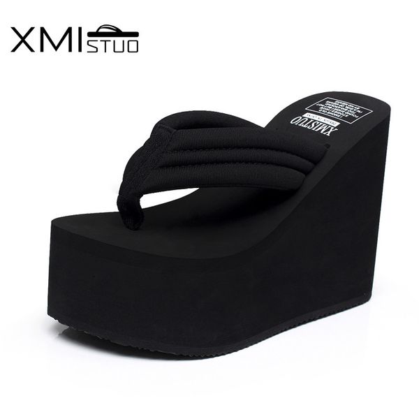 xmistuo increased 12cm slope with thick crust muffin waterproof sandals and slippers slip female high with the simple flip-flops, Black