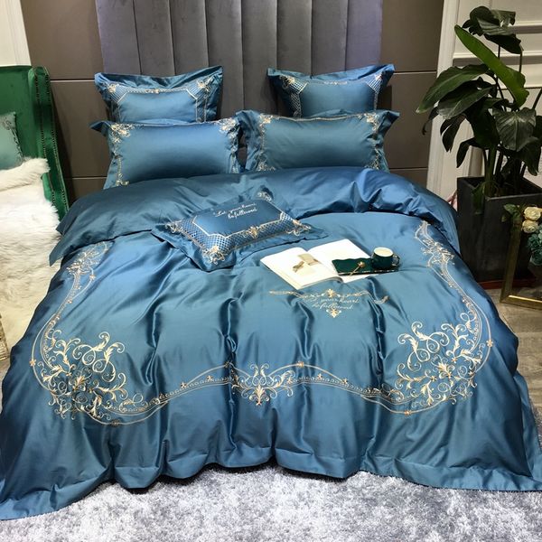 

blue luxury european royal embroidery 100s egyptian cotton palace bedding set duvet cover bed sheet bed linen pillowcases 4/7pcs