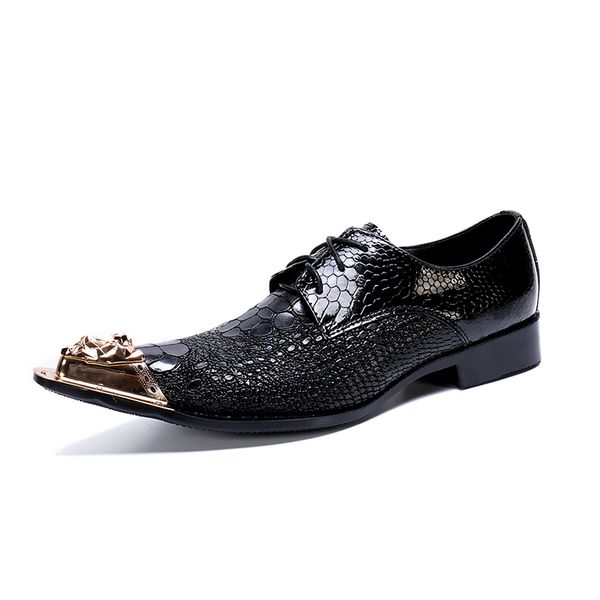 2019 spring new fashion snake skin personality iron head pointed toe men's wedges lace genuine leather dress shoes, Black
2019 spring new fashion snake skin personality iron head pointed toe men's wedges lace genuine leather dress shoes, Black