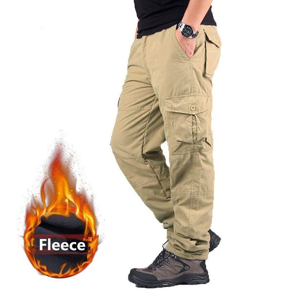 nice cargo pants men double layer winter thicken fleece pants casual cotton rip-smilitary tactical baggy pants warm trousers, Black