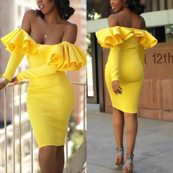 knee length yellow cocktail dress plus size off the shoulder long sleeve ruffles short prom dresses, Black
knee length yellow cocktail dress plus size off the shoulder long sleeve ruffles short prom dresses, Black