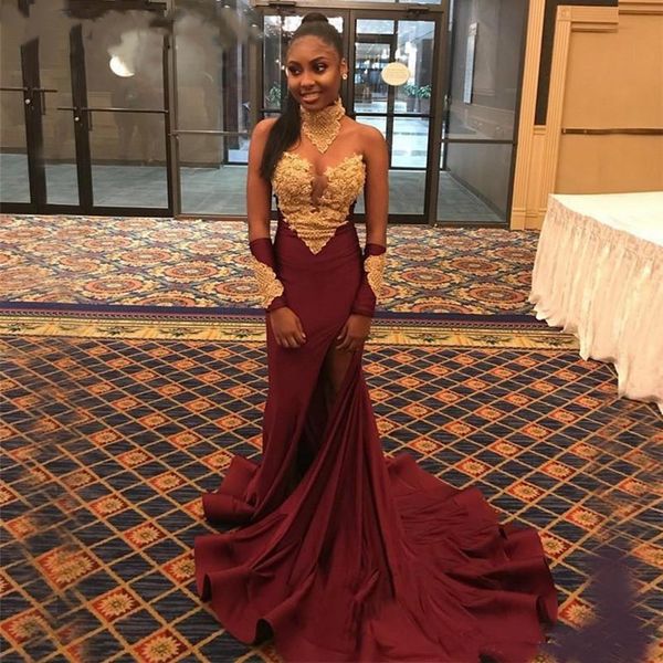 black girl burgundy long sleeve evening dress mermaid prom dresses high neck gold appliques split sice dubai evening dress, Black;red
black girl burgundy long sleeve evening dress mermaid prom dresses high neck gold appliques split sice dubai evening dress, Black;red