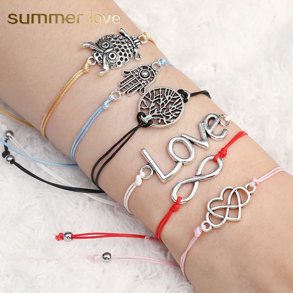 handmade 2 color wax rope braided charm bracelet for women men infinite heart love fatima hand tree owl pendant bracelet with wish card, Golden;silver
handmade 2 color wax rope braided charm bracelet for women men infinite heart love fatima hand tree owl pendant bracelet with wish card, Golden;silver