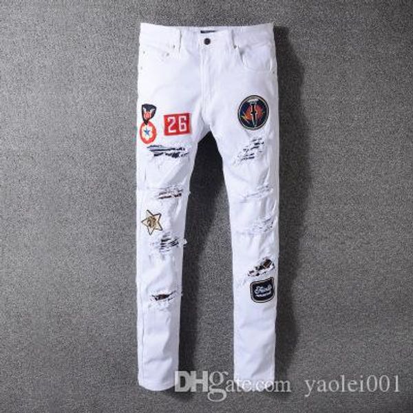 high street mens fashion jeans trend hole white punk style badge decoration hole slim feet trousers, Blue
high street mens fashion jeans trend hole white punk style badge decoration hole slim feet trousers, Blue