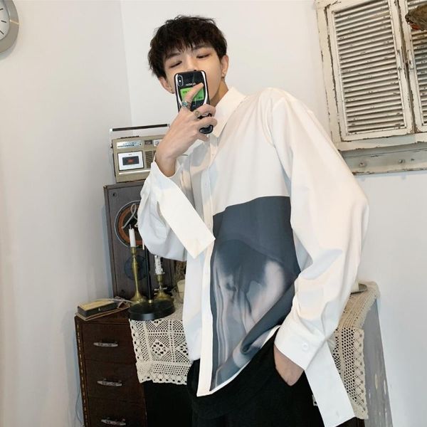printed long sleeve men shirts slim white korean male fashion ulzzang youth indie pops loose casual fashion men clothes b50, White;black
printed long sleeve men shirts slim white korean male fashion ulzzang youth indie pops loose casual fashion men clothes b50, White;black