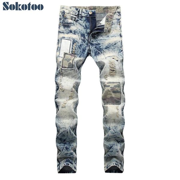 sokotoo men's vintage snow washed patchwork ripped beggar jeans camouflage patches holes distressed slim straight denim pants, Blue
sokotoo men's vintage snow washed patchwork ripped beggar jeans camouflage patches holes distressed slim straight denim pants, Blue