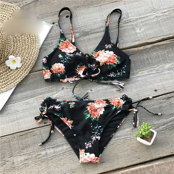 black floral bikini print lace up sets women scalloped tied bow bathing pieces two suits 2019 girl swimwear, White;black 
black floral bikini print lace up sets women scalloped tied bow bathing pieces two suits 2019 girl swimwear, White;black