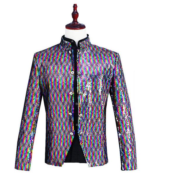2018 men's stand collar multicolor sequins jacket nightclub dj singer chinese tunic suit coat costumes for party, White;black
2018 men's stand collar multicolor sequins jacket nightclub dj singer chinese tunic suit coat costumes for party, White;black