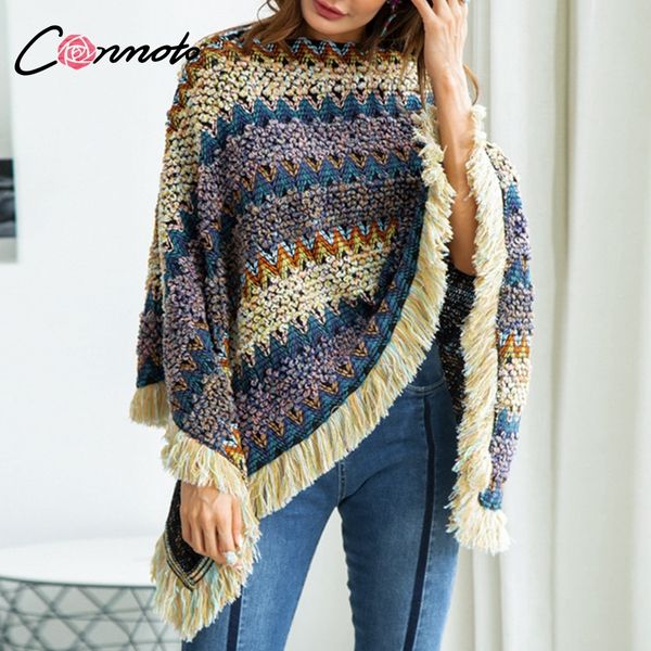 conmoto multicolor knitted cloak sweater women autumn winter boho asymmetrical v neck cloak female tassel pullover, White;black 
conmoto multicolor knitted cloak sweater women autumn winter boho asymmetrical v neck cloak female tassel pullover, White;black